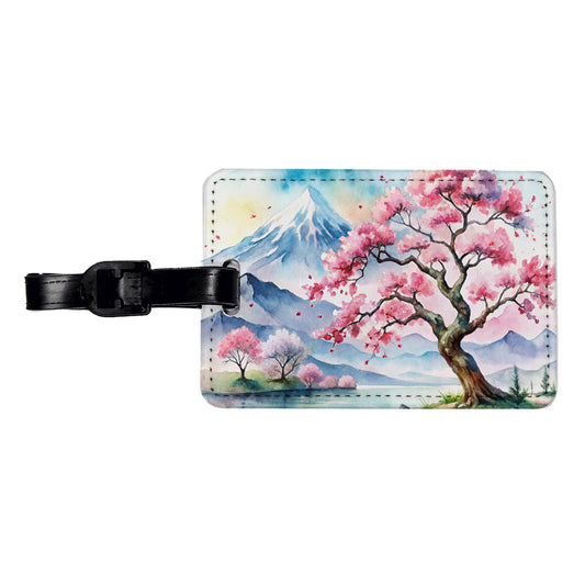 Japanese Cherry Blossom Tree Scene Watercolor Travel Faux Leather Luggage Tag