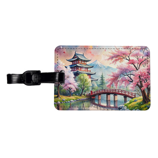 Japanese Scene With Bridge And Cherry Blossom Trees Watercolor Travel Faux Leather Luggage Tag