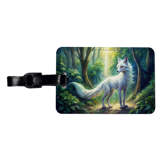 Kitsune White Fox Fantasy Japanese In Forest Watercolor Travel Faux Leather Luggage Tag