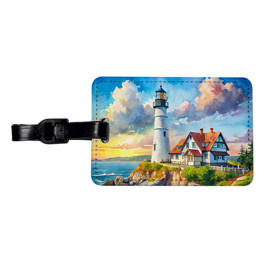 Lighthouse Like Portland Head Maine Watercolor Travel Faux Leather Luggage Tag