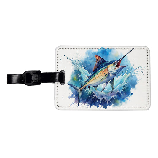 Marlin Jumping In The Ocean Deep Sea Sport Fishing Watercolor Travel Faux Leather Luggage Tag
