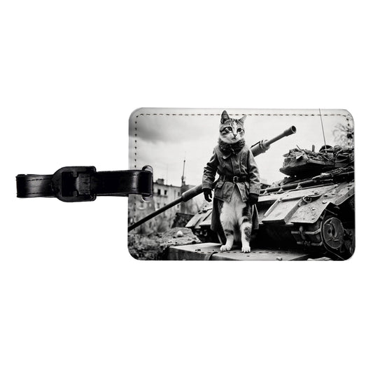 Military Resistance War Soldier Cat Retro Black And White Travel Faux Leather Luggage Tag