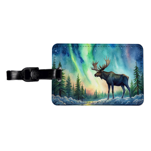 Moose And Northern Lights Watercolor Travel Faux Leather Luggage Tag