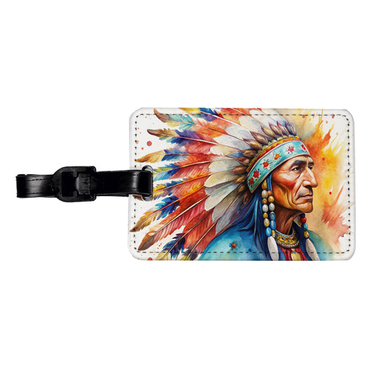 Native American Indian Chief Feather Headdress Watercolor Travel Faux Leather Luggage Tag
