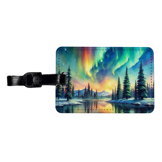 Northern Lights Watercolor Beautiful Travel Faux Leather Luggage Tag