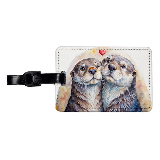 Otters In Love Heart Valentine's Day Travel Faux Leather Luggage Tag