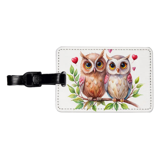Owls In Love On Branch Hearts Valentine's Day Travel Faux Leather Luggage Tag