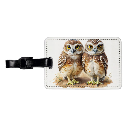 Pair Of Burrowing Owls Bird Watercolor Travel Faux Leather Luggage Tag