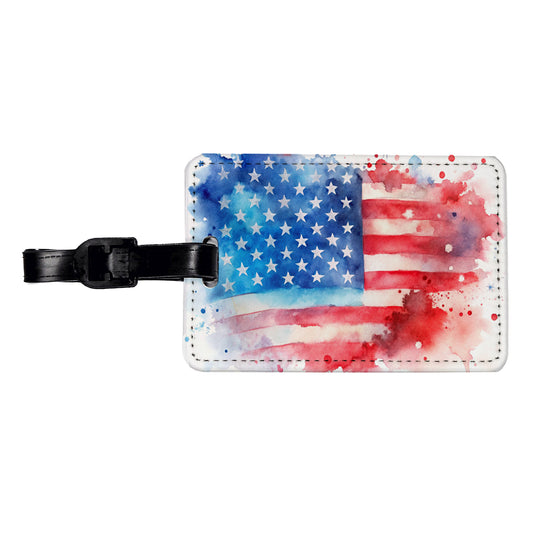 Patriotic American Flag USA Watercolor Travel Faux Leather Luggage Tag