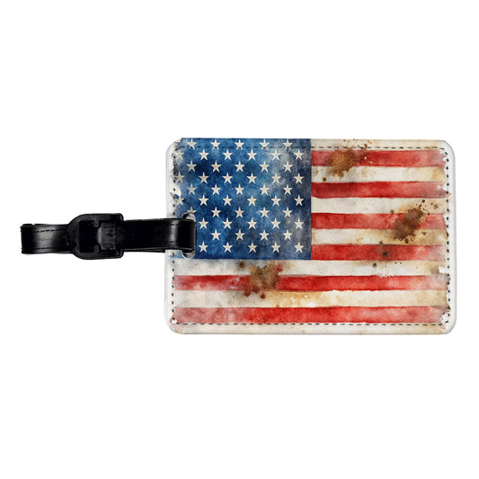 Patriotic Rustic Worn American Flag Watercolor Travel Faux Leather Luggage Tag