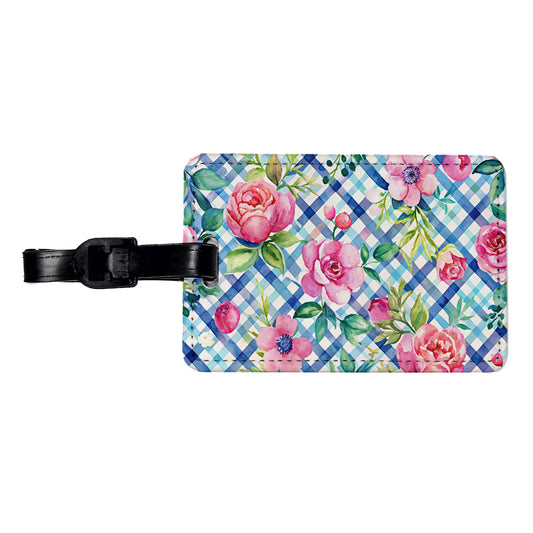 Preppy Pink Flowers Blue Gingham Plaid Travel Faux Leather Luggage Tag
