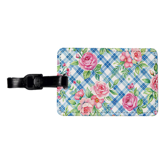 Pretty Pink Flowers Floral Blue Wallpaper Travel Faux Leather Luggage Tag