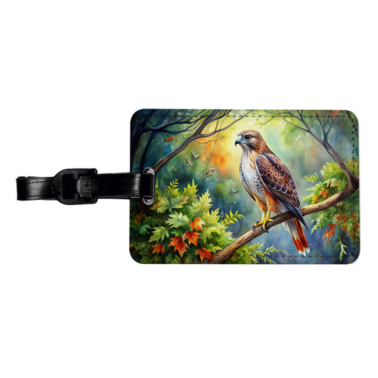Red-tailed Hawk Raptor Bird Of Prey In Tree Watercolor Travel Faux Leather Luggage Tag