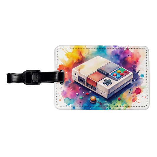 Retro Arcade Console System Watercolor Travel Faux Leather Luggage Tag