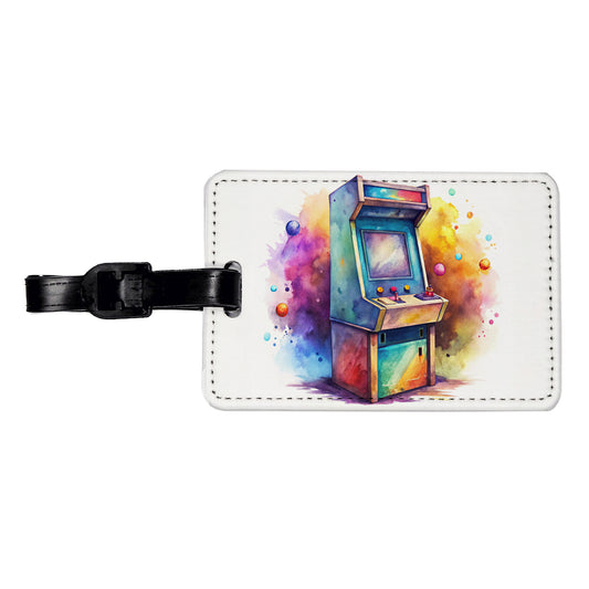 Retro Stand-up Arcade System Watercolor Travel Faux Leather Luggage Tag