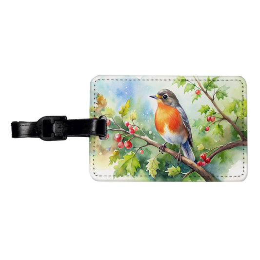 Robin In Tree Bird Watercolor Travel Faux Leather Luggage Tag