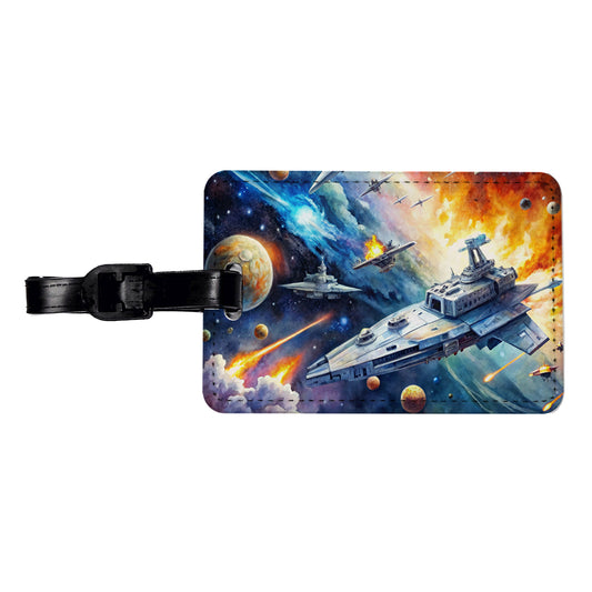 Sci-fi Space Battle Watercolor Travel Faux Leather Luggage Tag