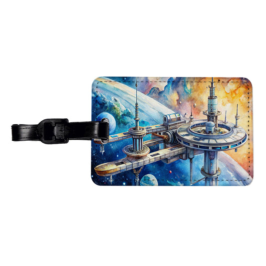Sci-fi Space Station In Orbit Watercolor Travel Faux Leather Luggage Tag