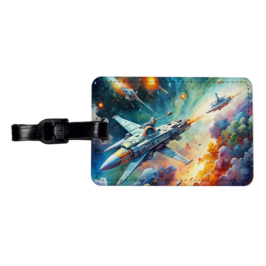 Sci-fi Spaceships Fighting In Space Watercolor Travel Faux Leather Luggage Tag