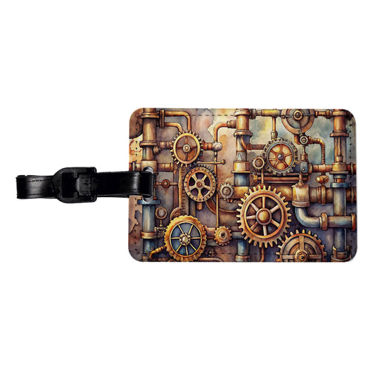 Sci-fi Steampunk Gears Pipes Watercolor Travel Faux Leather Luggage Tag