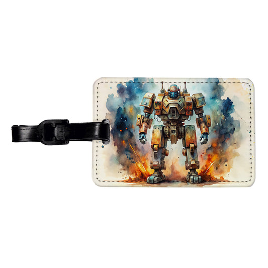 Sci-fi Steampunk Giant Robot Warrior Mech Watercolor Travel Faux Leather Luggage Tag