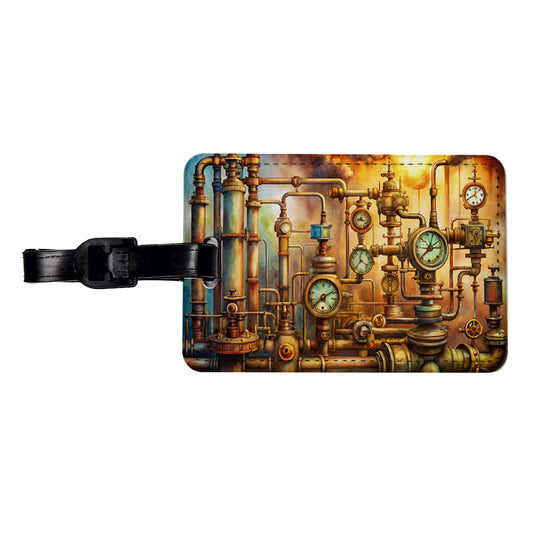 Sci-fi Steampunk Pipes Gauges Steam Fire Watercolor Travel Faux Leather Luggage Tag