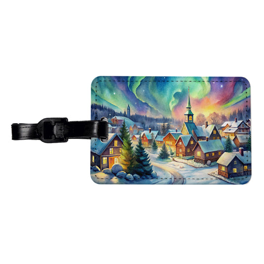 Small Town Northern Lights Watercolor Travel Faux Leather Luggage Tag