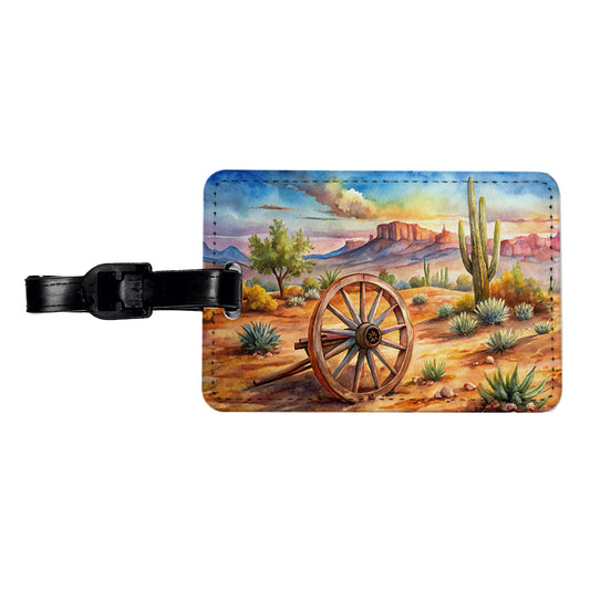 Southwest Desert With Abandoned Wagon Wheel Watercolor Travel Faux Leather Luggage Tag