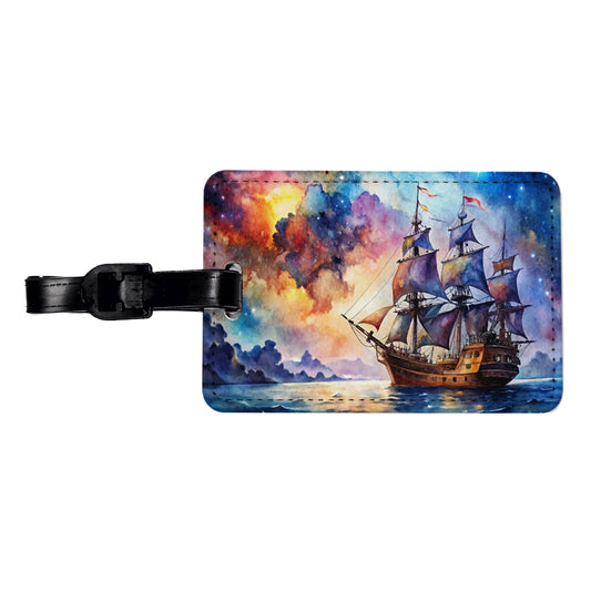 Space Pirate Ship Watercolor Travel Faux Leather Luggage Tag