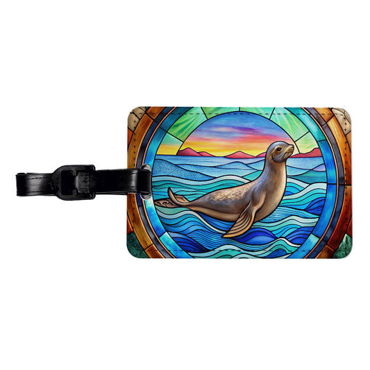 Stained Glass Seal In The Ocean Travel Faux Leather Luggage Tag