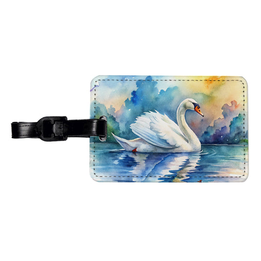 Swan Gliding Across Lake Watercolor Travel Faux Leather Luggage Tag