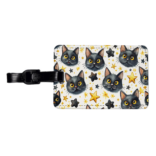Sweet Black Cat Faces Yellow Stars Travel Faux Leather Luggage Tag