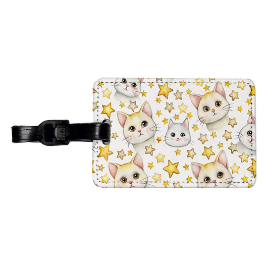 Sweet White Cats Yellow Stars Travel Faux Leather Luggage Tag