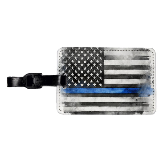 Thin Blue Line Black And White American Flag Support Policemen Police Travel Faux Leather Luggage Tag