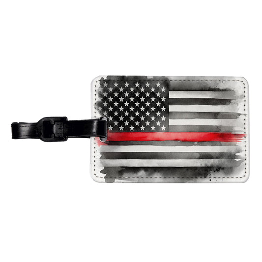 Thin Red Line Black And White American Flag Support Firemen Firefighters Travel Faux Leather Luggage Tag