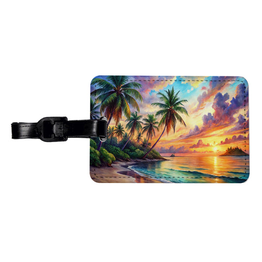 Tropical Beach At Sunset Watercolor Travel Faux Leather Luggage Tag