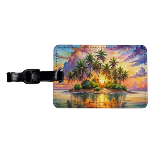 Tropical Deserted Island At Sunrise Watercolor Travel Faux Leather Luggage Tag