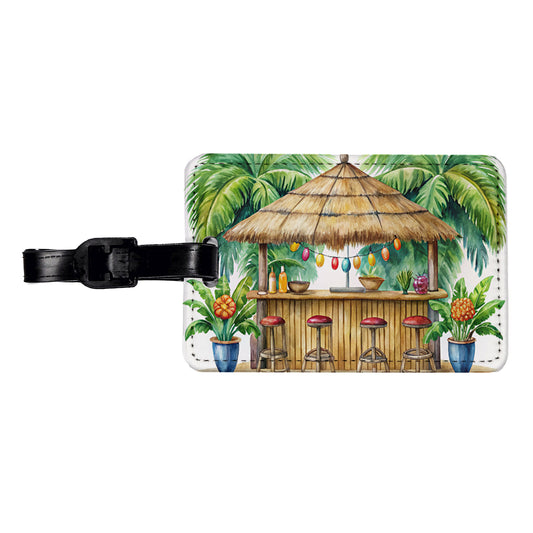 Tropical Resort Beach Tiki Bar Watercolor Travel Faux Leather Luggage Tag