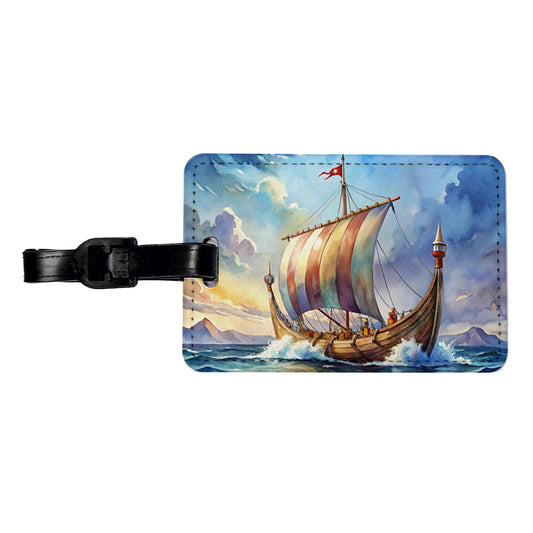 Viking Ship On The Ocean Watercolor Travel Faux Leather Luggage Tag