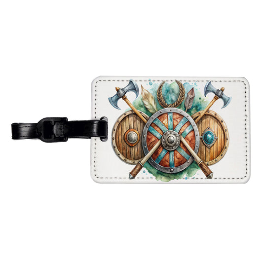 Viking Symbols Shields Axes Watercolor Travel Faux Leather Luggage Tag