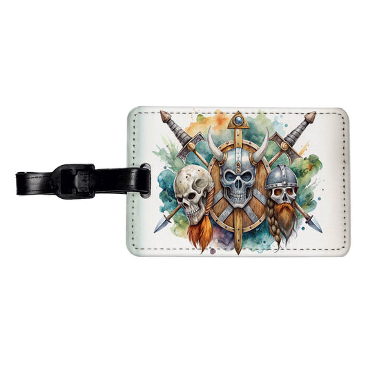 Viking Symbols Shields Swords Skulls Watercolor Travel Faux Leather Luggage Tag