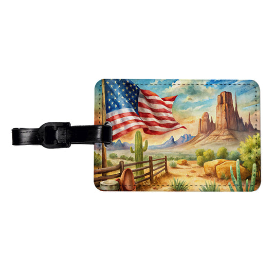 Western Americana American Flag Country Watercolor Travel Faux Leather Luggage Tag