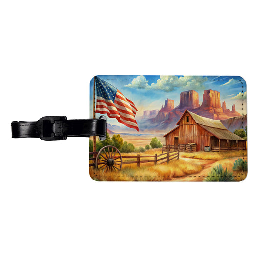 Western Americana Country Flag Ranch Wagon Wheel Travel Faux Leather Luggage Tag