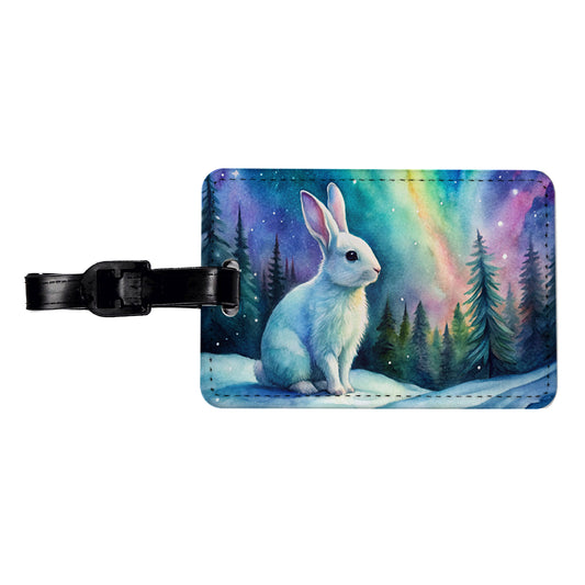 White Bunny Rabbit And Northern Lights Watercolor Travel Faux Leather Luggage Tag