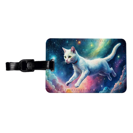 White Cat Flying Through Space Funny Watercolor Travel Faux Leather Luggage Tag