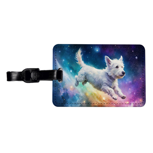 White Dog Flying Through Space Funny Watercolor Travel Faux Leather Luggage Tag
