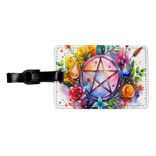 Witch Wiccan Pentagram Floral Watercolor Travel Faux Leather Luggage Tag