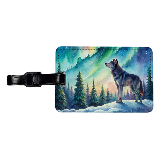 Wolf And Northern Lights Watercolor Travel Faux Leather Luggage Tag