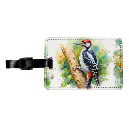 Woodpecker In Tree Bird Watercolor Travel Faux Leather Luggage Tag