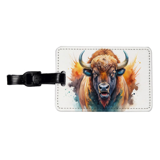 Angry American Bison Buffalo Watercolor Travel Faux Leather Luggage Tag